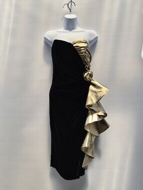 Vintage 80s Gunne Sax Jessica McClintock Black Velvet Gold Lame Dress